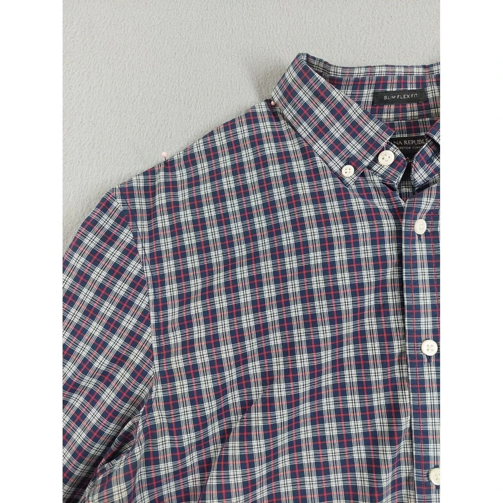 Banana‎ Republic Men Shirt M Navy Blue Plaid Slim Fit Stretch Button Up Casual